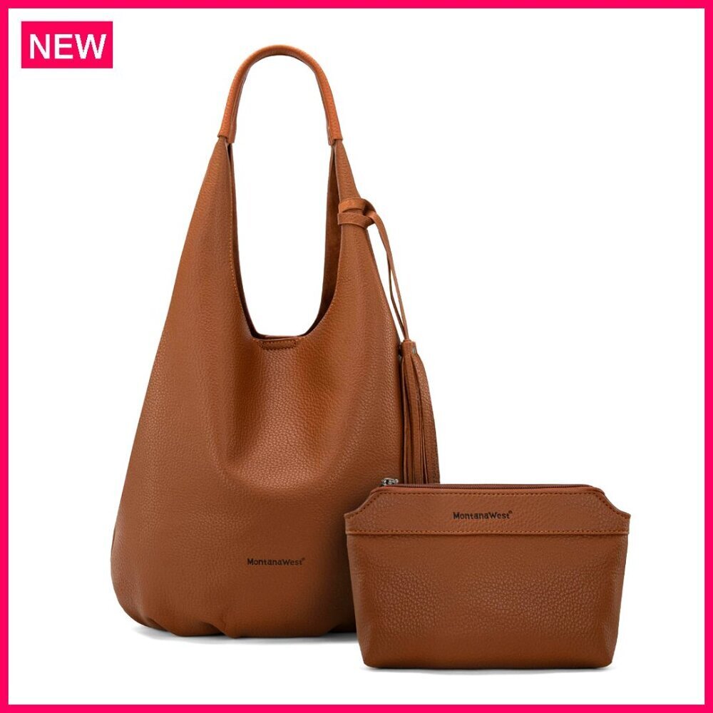 Slouchy Hobo Handbag with Cosmetic Bag, Vegan Leather, Tassel Shoulder Bag